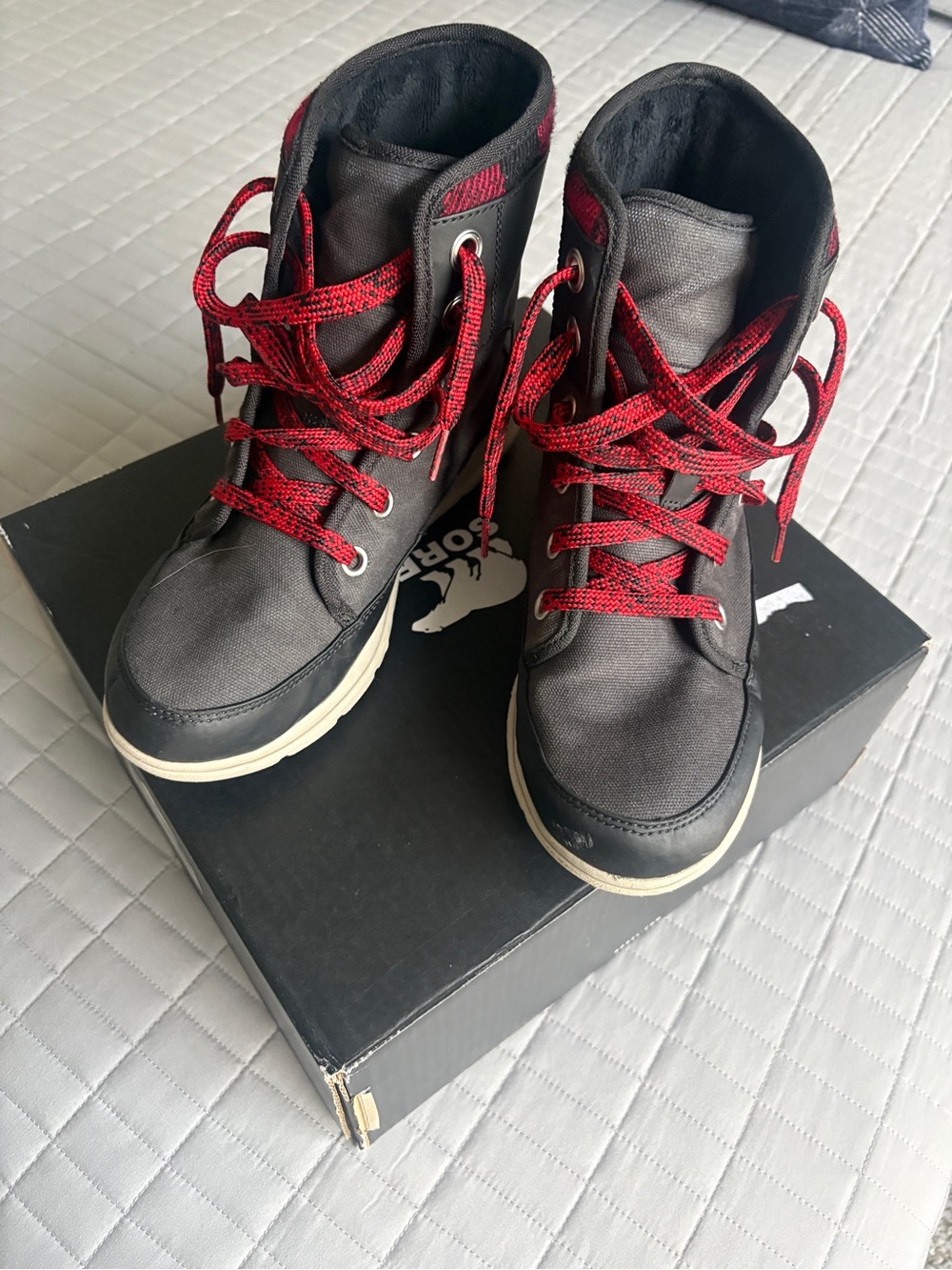 Sorel Explorer Boots with Red Laces